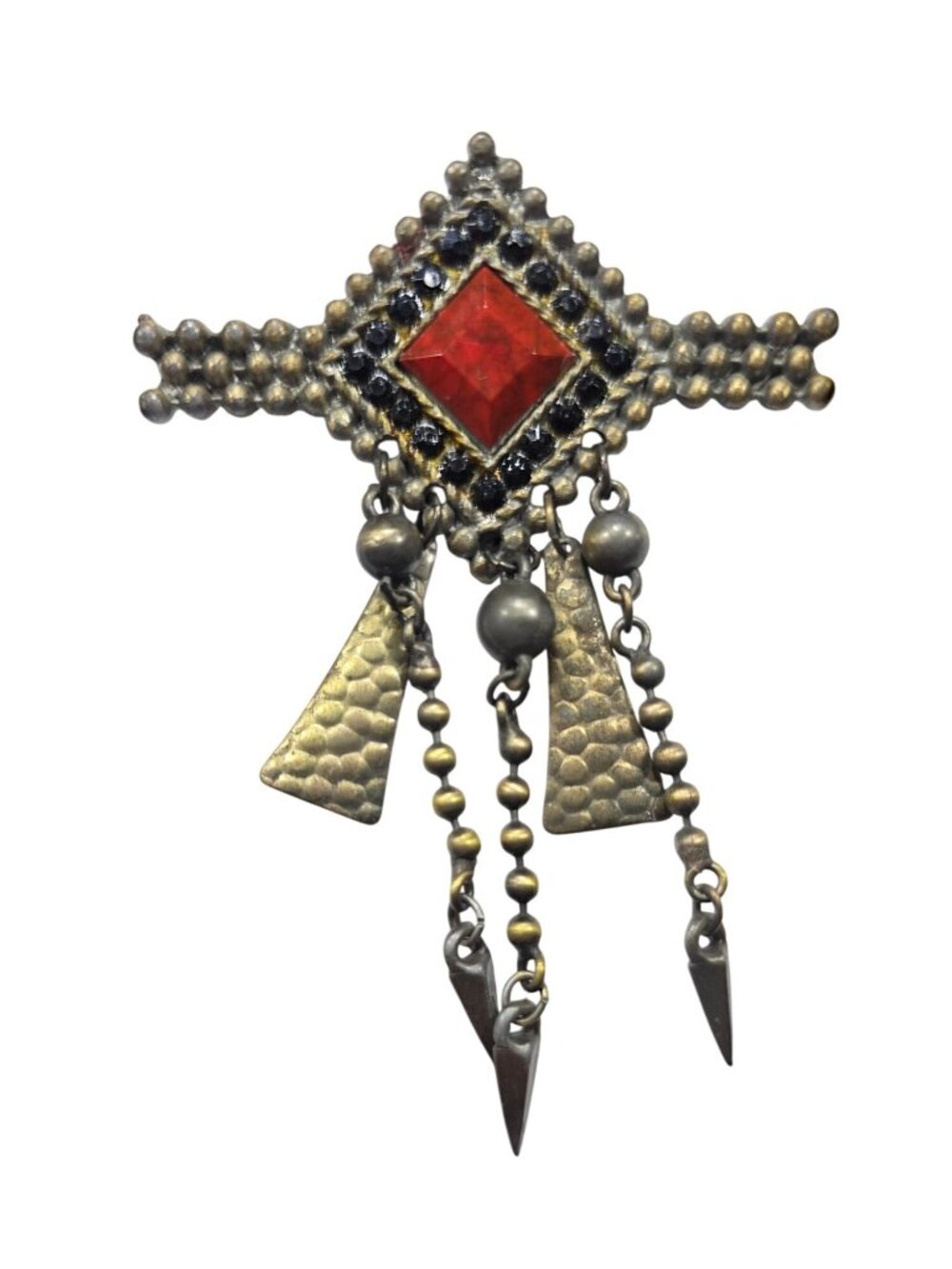 Vtg Brass Brooch Red orange Black Hammered Metal Charms southwest jewelry
